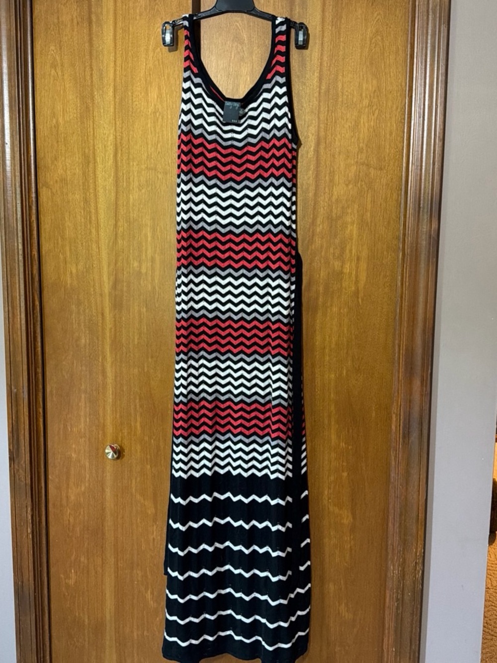 Gabby Skye Black White and Red Chevron Maxi Dress